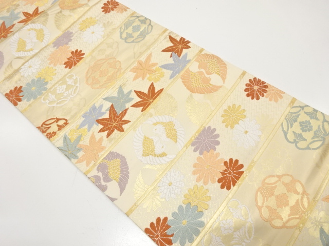 アンティーク　横段に鴛鴦・楓・菊模様織り出し袋帯（材料）